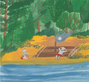 Illustration of a bunny and a fox on the beach.